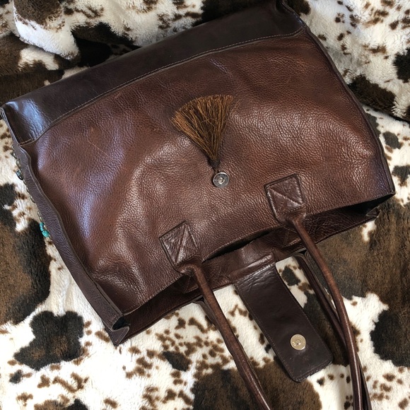 Big Two Bar West McFadin Leather Tote Bag Studded Turquoise Horse Hair Tassel - Picture 3 of 15